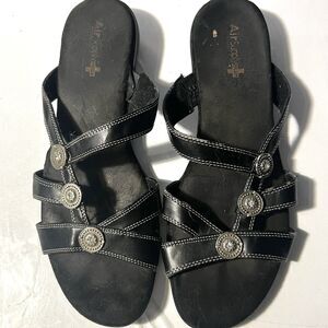 Judith Air Supply Black Sandals- White Stitching- Silver Accents- Size 8.5